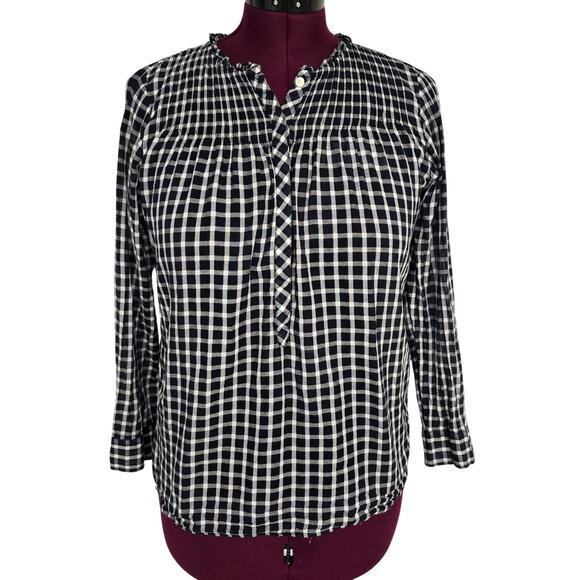 Women's J. Crew Navy Blue Checkered Pullover Blouse Smocked Top | Size 8 Petite - Picture 1 of 13